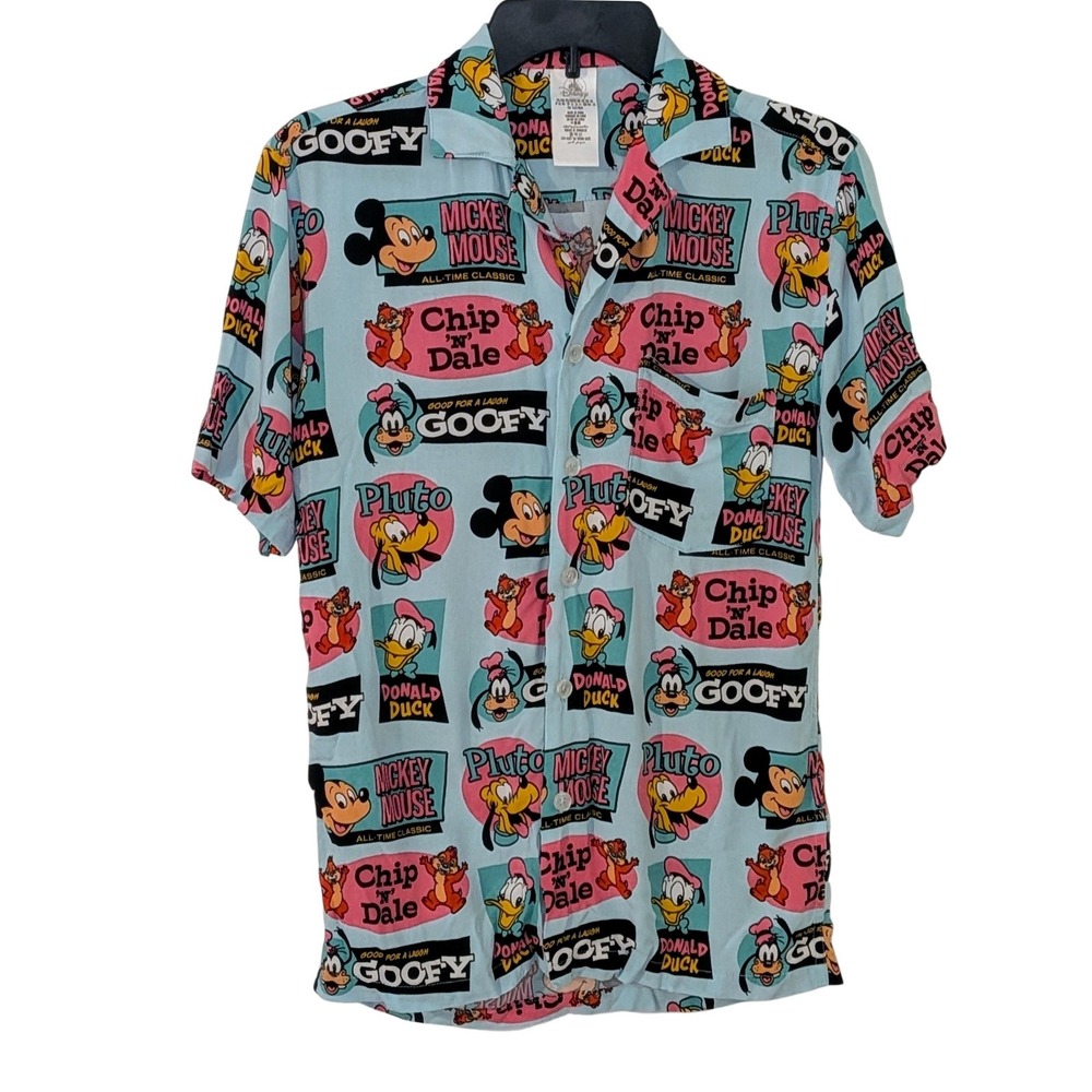 Disney Parks Mickey Mouse Donald Duck All Over‎ Print Camp Shirt Blue XS